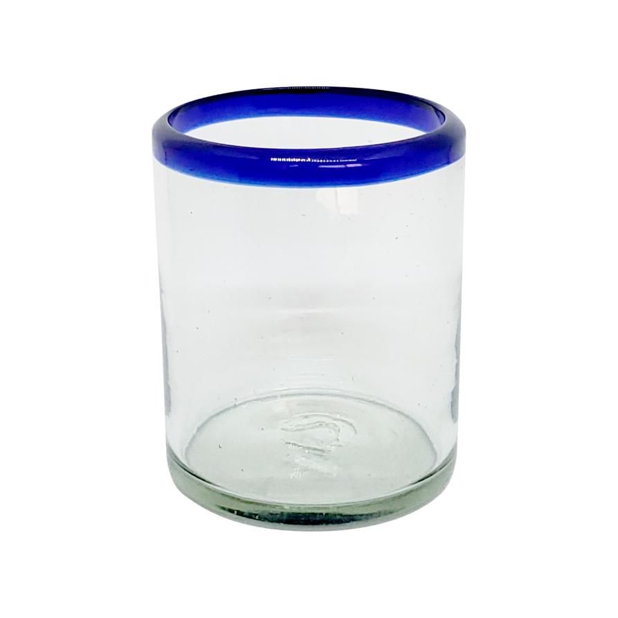 Vasos de Vidrio Soplado al Mayoreo / vasos chicos con borde azul cobalto / Éste festivo juego de vasos es ideal para tomar leche con galletas o beber limonada en un día caluroso.